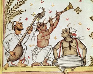MS 8300, détail des musiciens indiens, de Storia do Mogor; ou, Mogul India 1653-1708 par Niccolao Manucci, traduit par Stefano Nivibus Cardeira, Venise, 1731 - Italian School